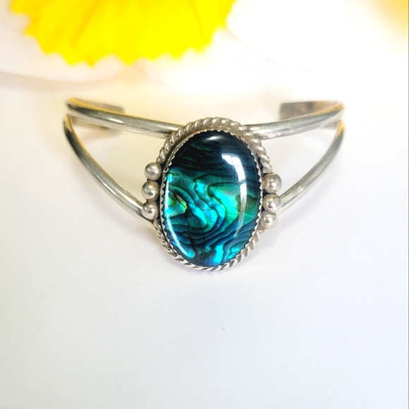 Jewelry - Vintage Sterling Silver Marked Sc with Abalone Cuff Bangle Adjustable